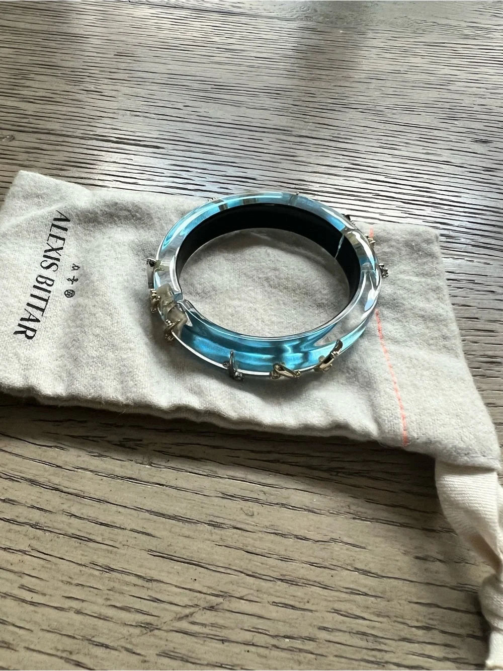 Alexis Bittar Translucent Teal Resin Bangle with Gold Accents